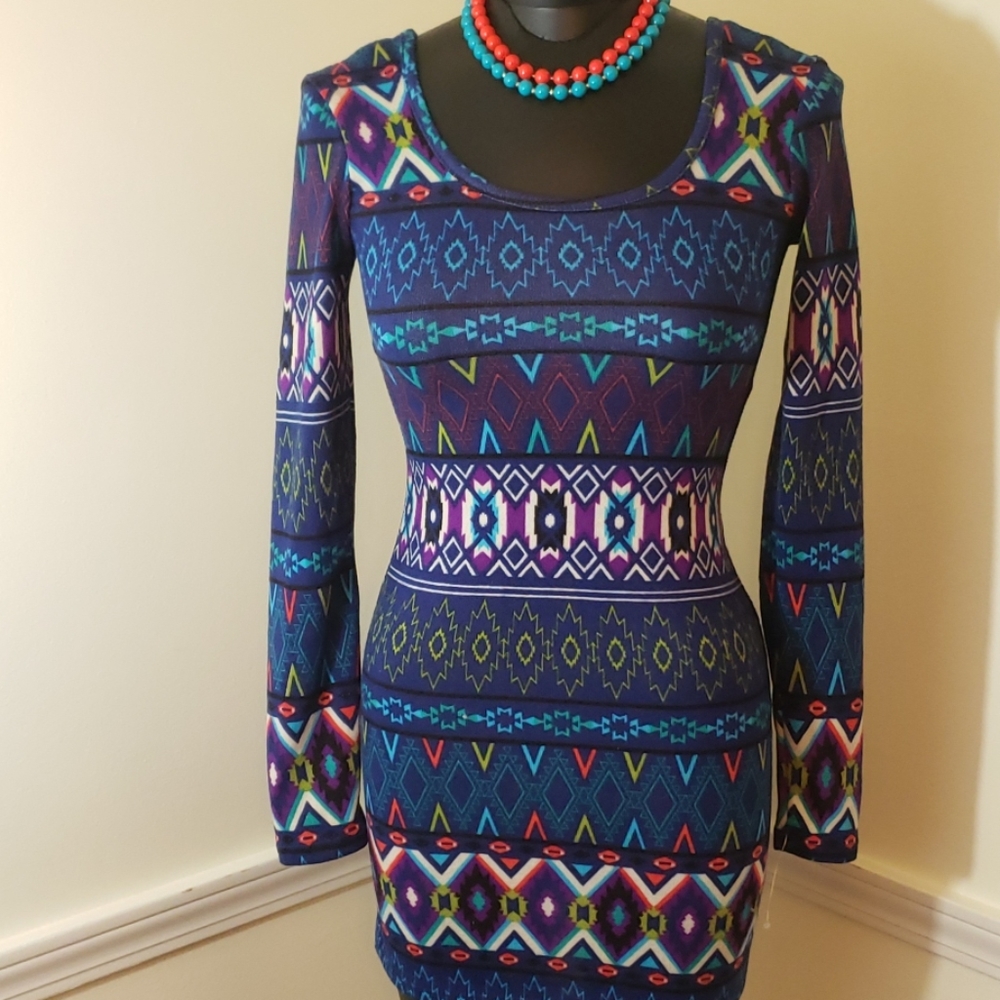 Sz XS Derek Heart Bright Pattern Bodycon Dress